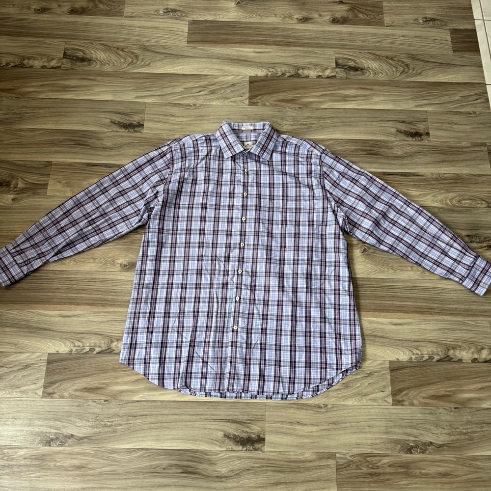 Peter Millar Men's Medium Blue Pink Plaid Long Sleeve Collared Button Up XXL